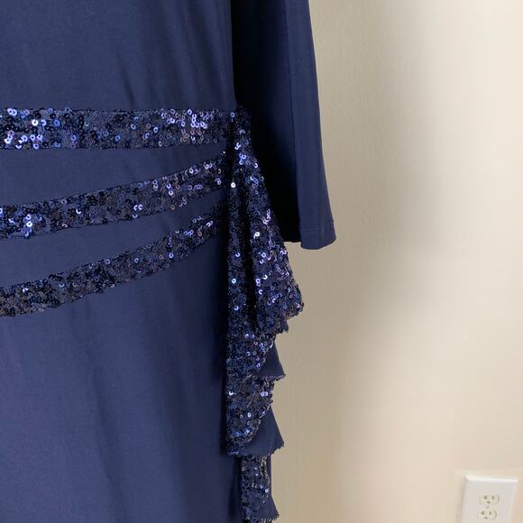 R&M Richards Size 16 Sequin Ruffle Maxi Dress Navy Blue Long Evening Stretch - Picture 4 of 9